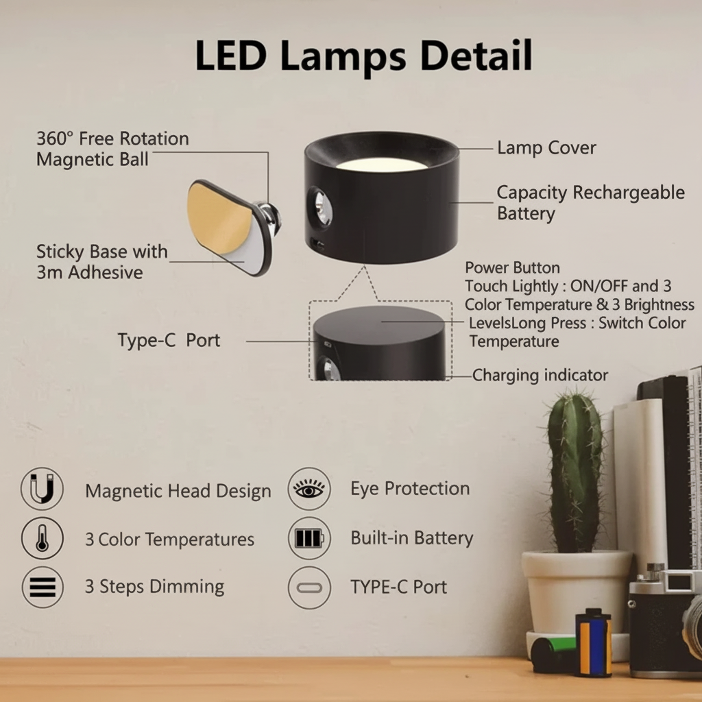 Justerbar væglampe med magnetisk beslag og genopladelig LED