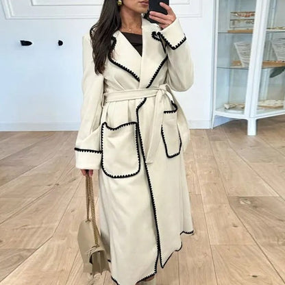 Women's Fashionable Warm Long-sleeved Lapel Woolen Lace-up Coat