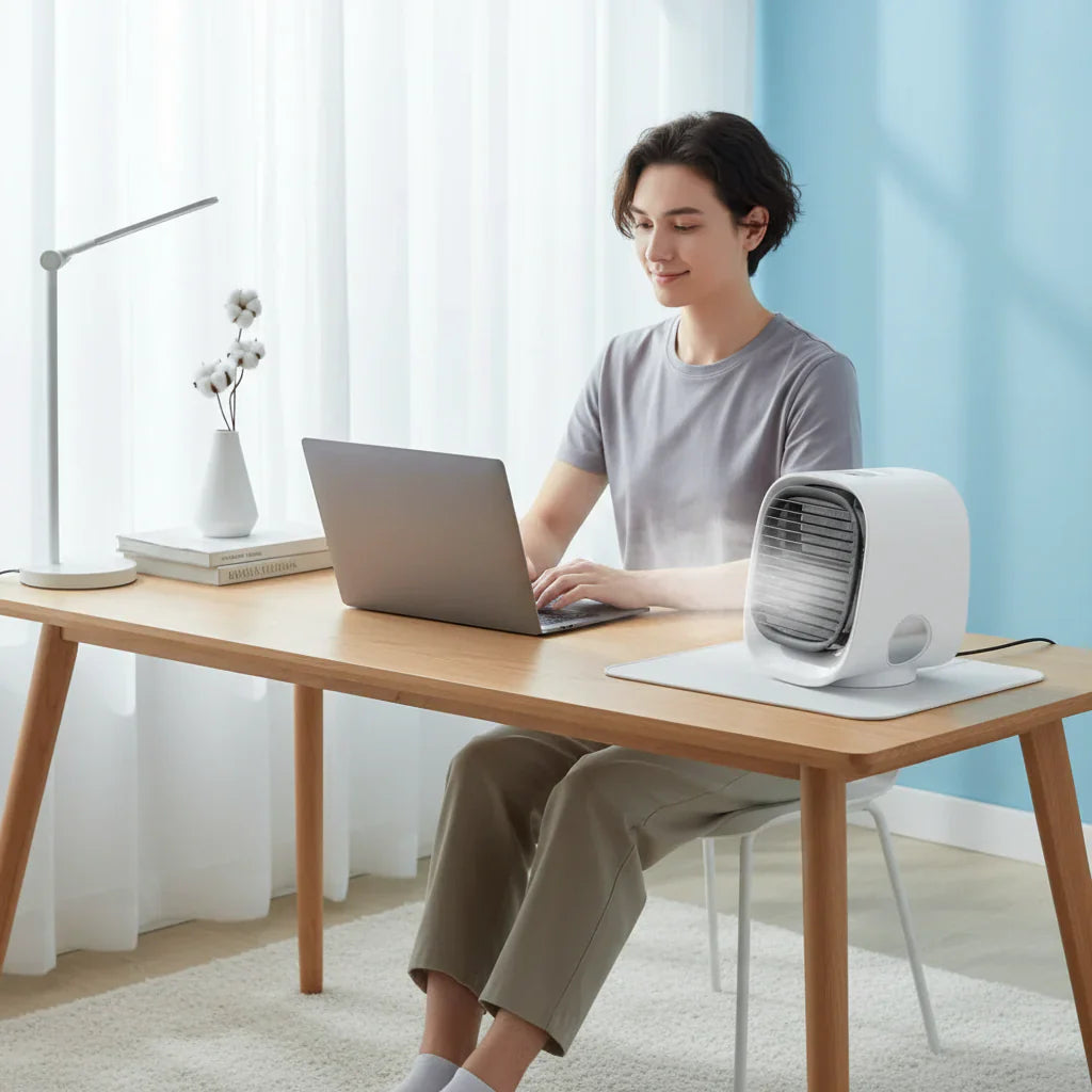 Stolní ventilátor s odpařovacím chlazením a USB rozprašovačem mlhy pro domácnost a kancelář