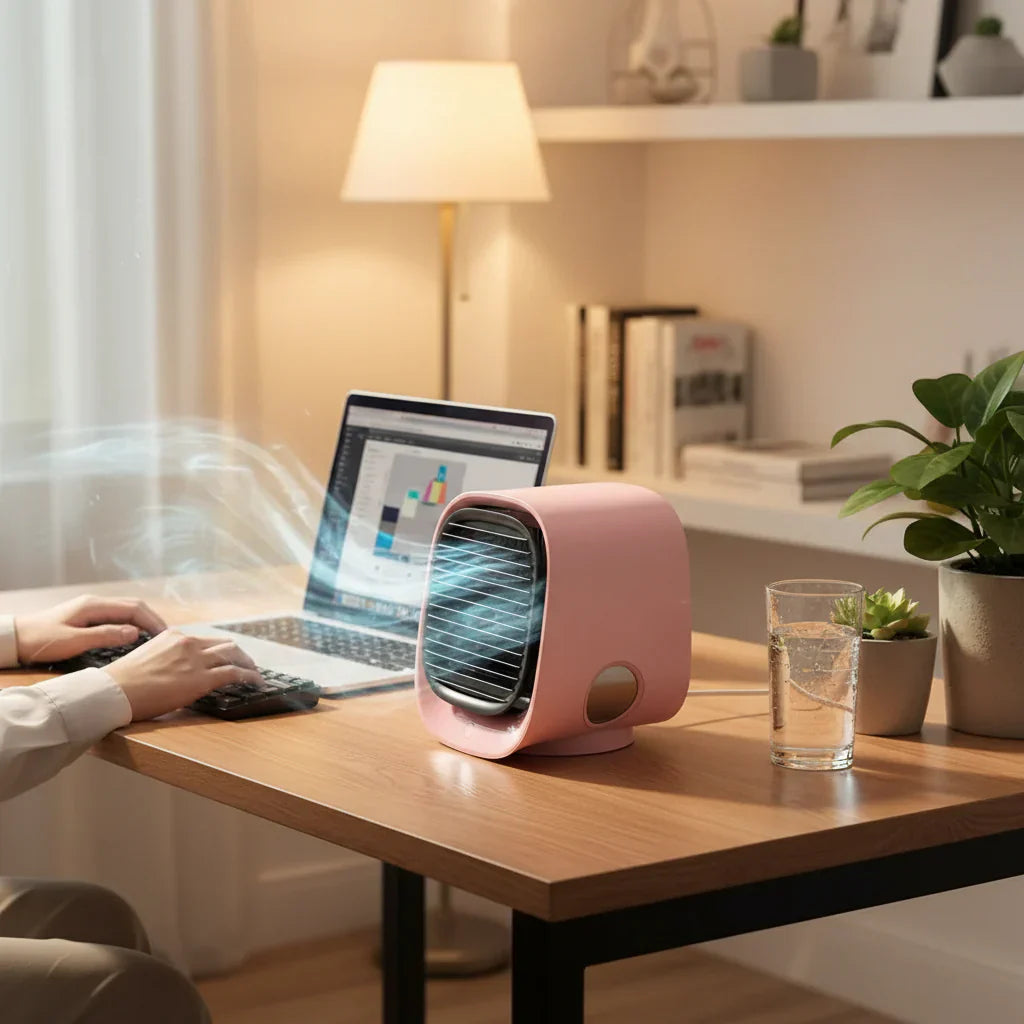Stolní ventilátor s odpařovacím chlazením a USB rozprašovačem mlhy pro domácnost a kancelář