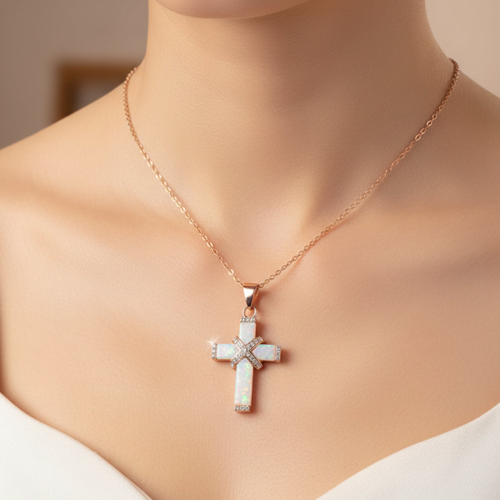 Collana con ciondolo a croce in oro rosa con strass per regalo della festa della mamma