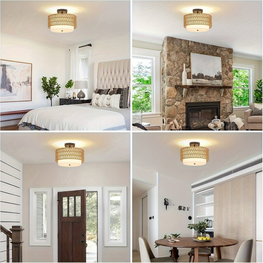 Luminária de Teto Boho em Rattan com Abajur de Linho, Montagem Semi-Embutida