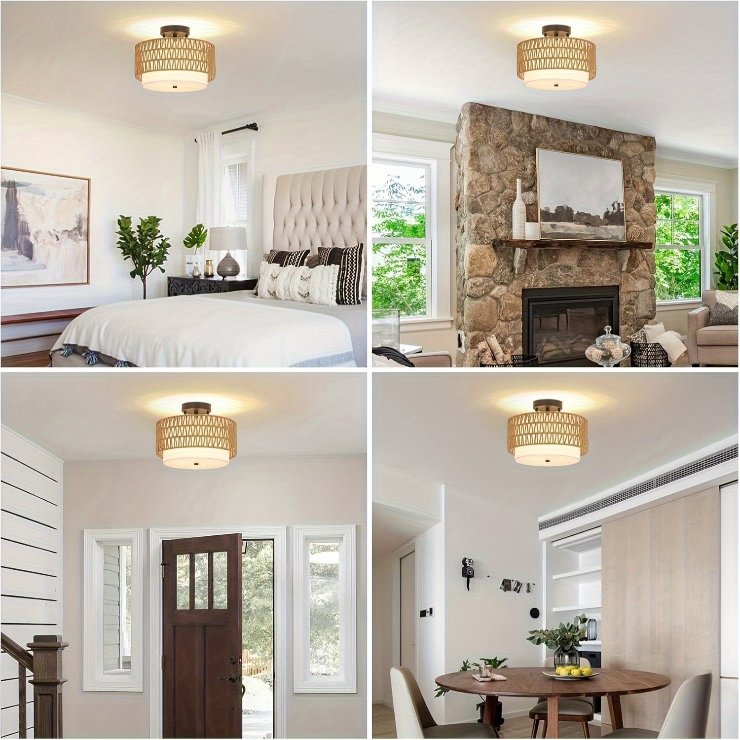 Luminária de Teto Boho em Rattan com Abajur de Linho, Montagem Semi-Embutida