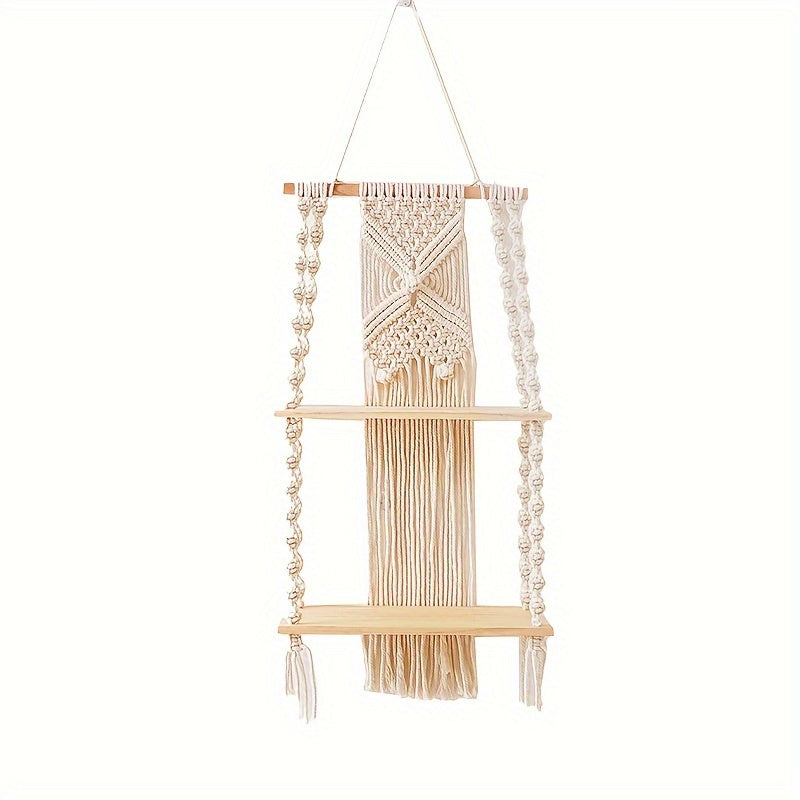 Prateleira de Parede Boho em Macramé com Estante de Armazenamento de Dois Níveis
