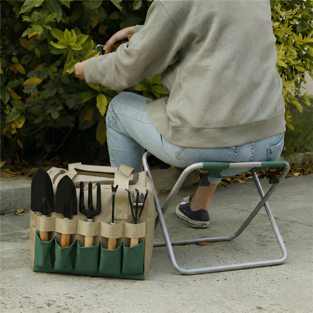 Tragbares Gartengeräte-Set mit klappbarem Sitzhocker für Gartenarbeit