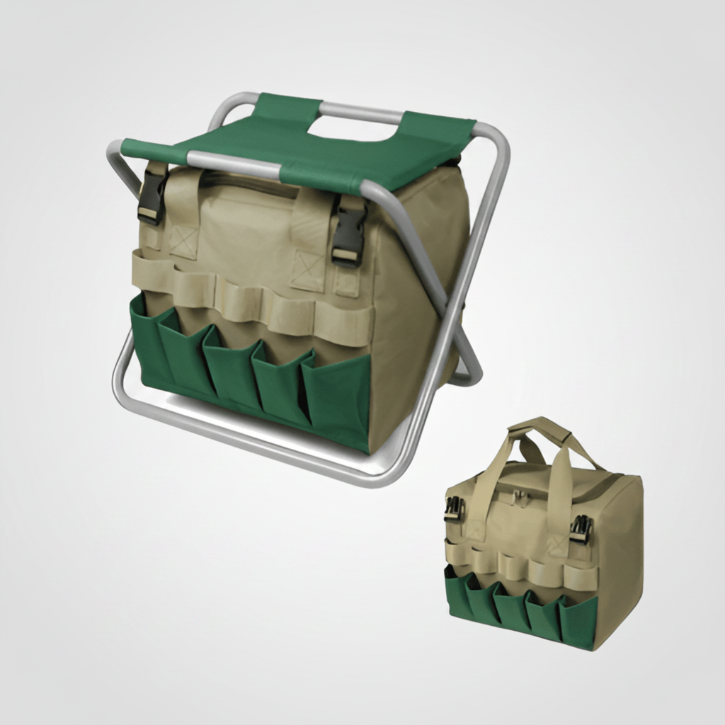 Tragbares Gartengeräte-Set mit klappbarem Sitzhocker für Gartenarbeit