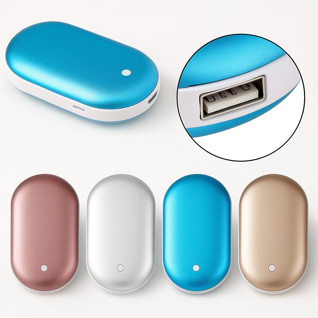 Kompakter Handwärmer, der auch als Powerbank und tragbarer Heizlüfter dient
