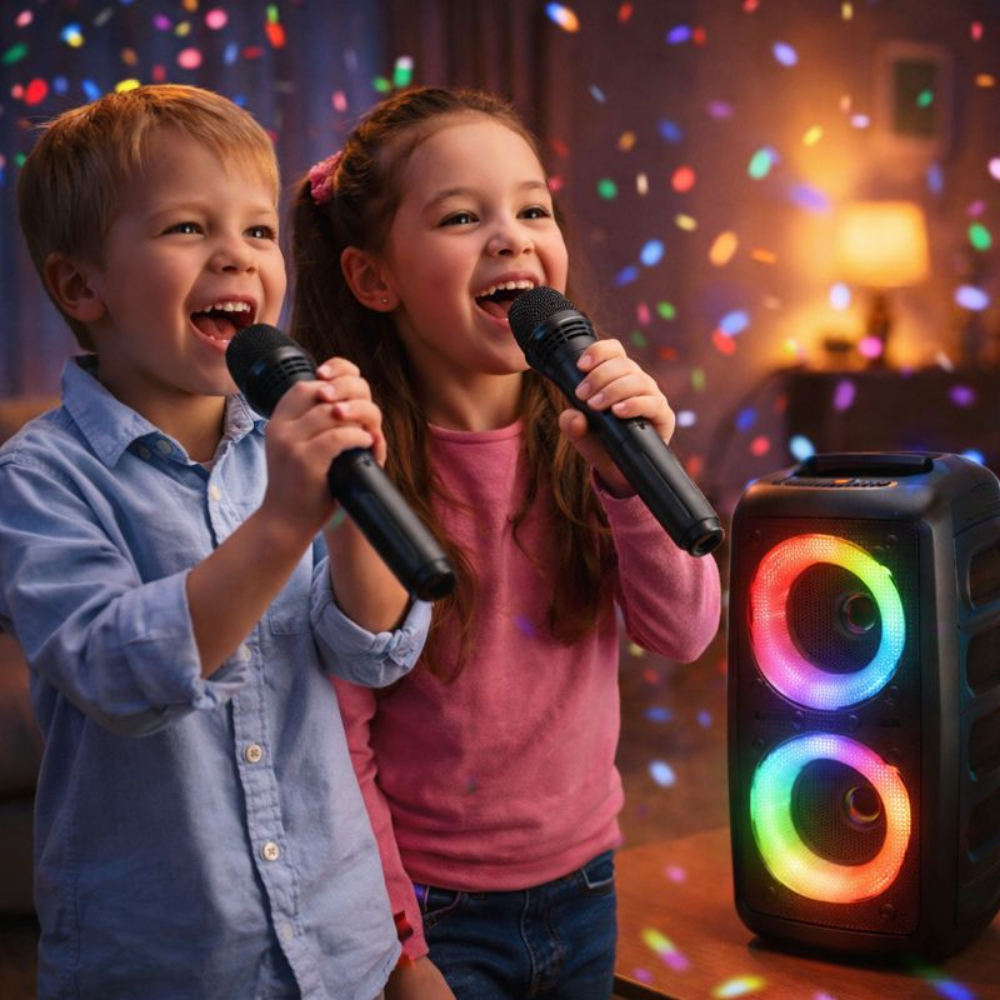 Karaoke-System mit tragbarem Lautsprecher und Mikrofonen