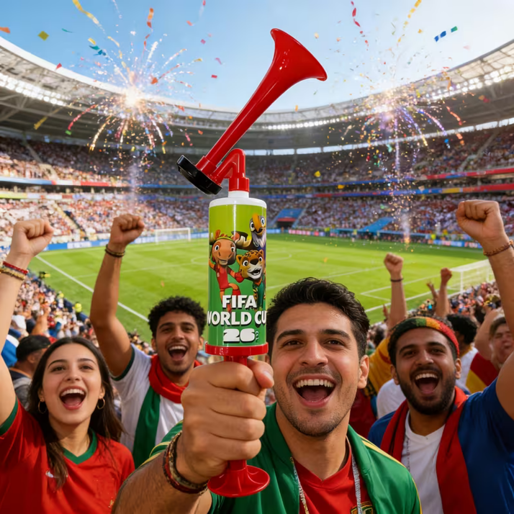طقم بوق هواء لفعاليات كأس العالم مع مكبر صوت وتمثال تميمة