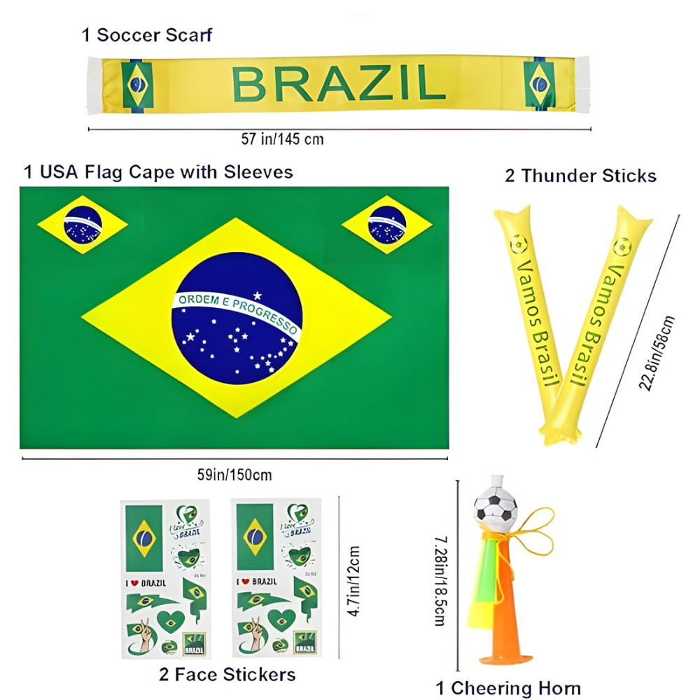 Brazil Flag Soccer Fan Set With Cape Scarf And Horn