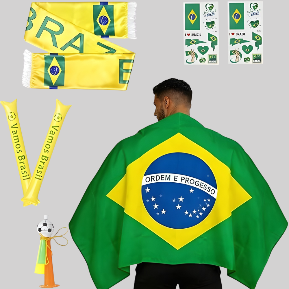 Brazil Flag Soccer Fan Set With Cape Scarf And Horn