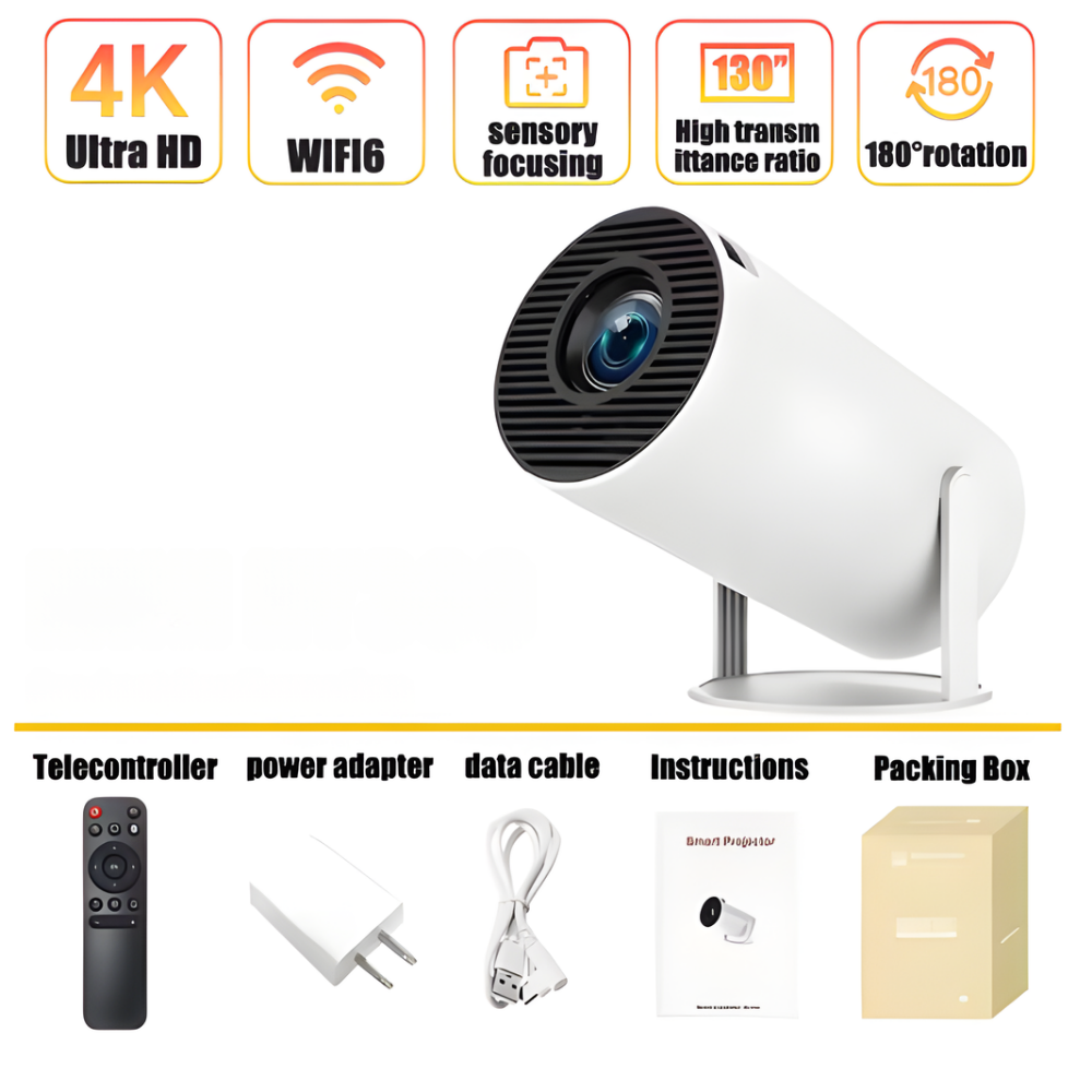 Projetor Compacto 4K com WiFi e Bluetooth para Uso Doméstico e ao Ar Livre