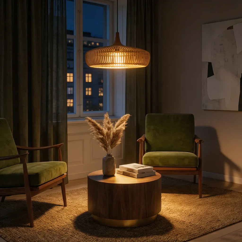Wood Pendant Light With Minimalist Dome Shade For Indoor Use | Rosalyssa