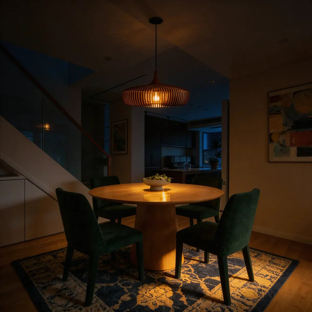 Wood Pendant Light With Minimalist Dome Shade For Indoor Use | Rosalyssa