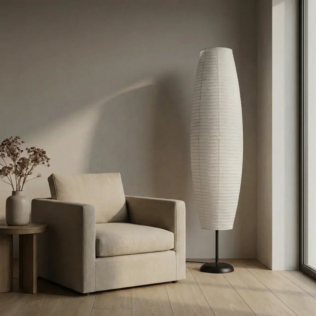 Rispapir søjlegulvlampe med dobbelt lysdesign | Rosalyssa