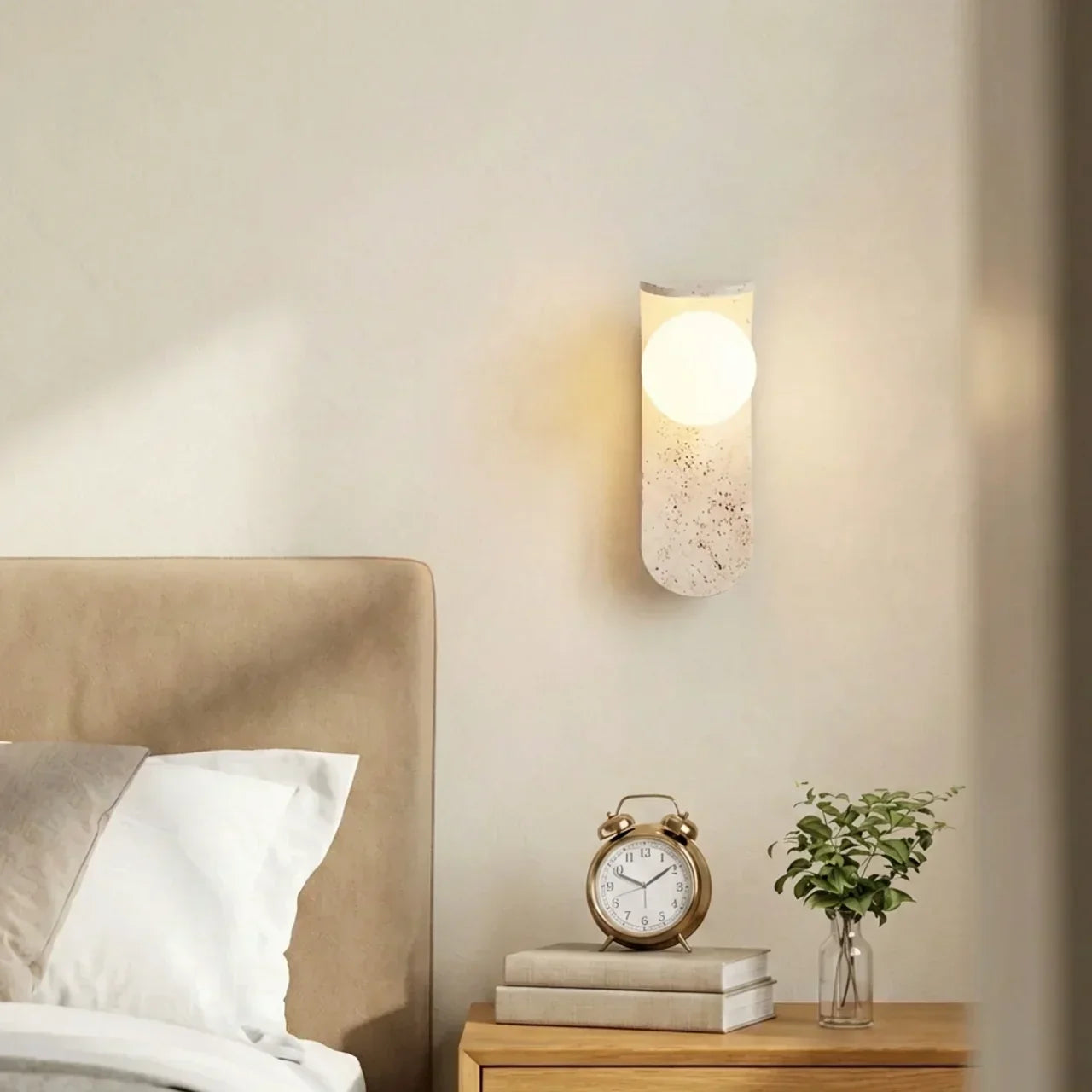 Glass Shade Travertine And Wood Wall Light For Interiors | Rosalyssa
