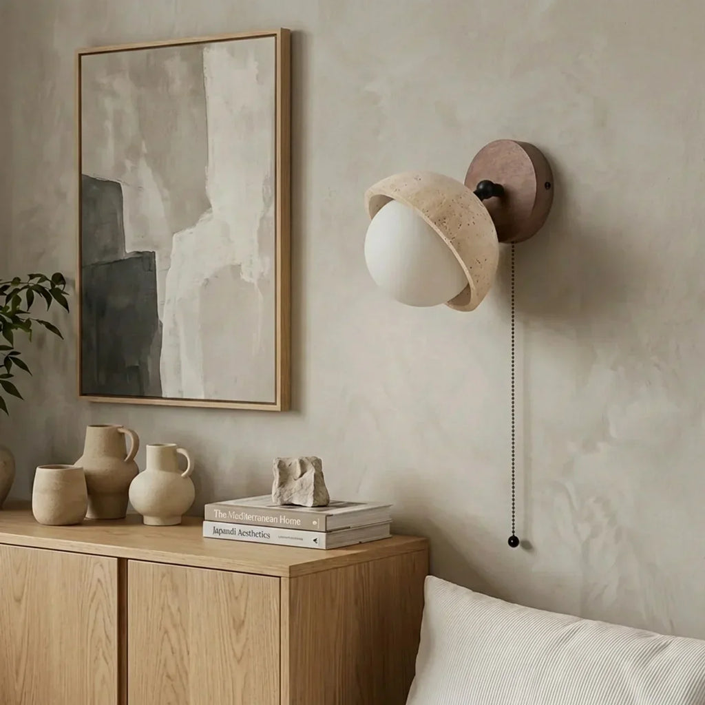 Travertine And Wood Indoor Wall Light Single Wall Mount For Ambient Lighting | Rosalyssa