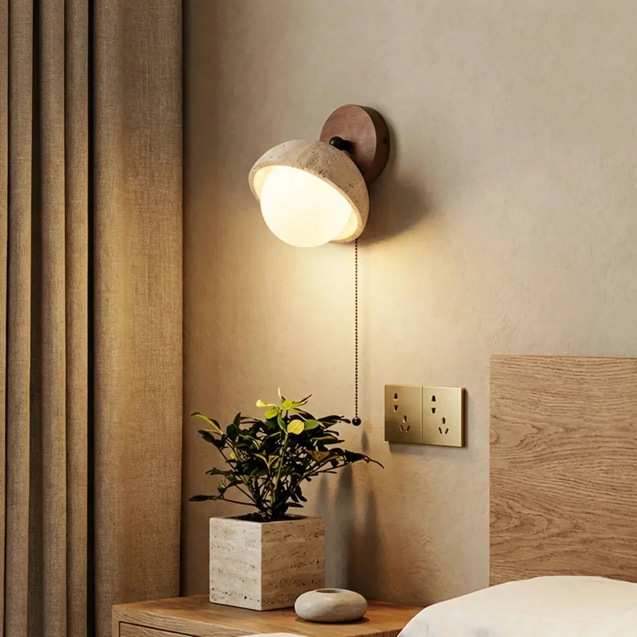 Travertine And Wood Indoor Wall Light Single Wall Mount For Ambient Lighting | Rosalyssa