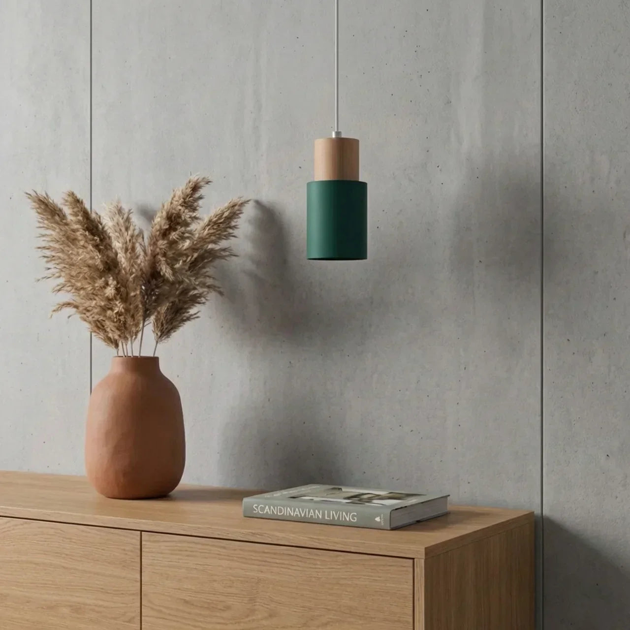Die Aluminium-Zylinder-Hängeleuchte mit Holzdetail | Rosalyssa
