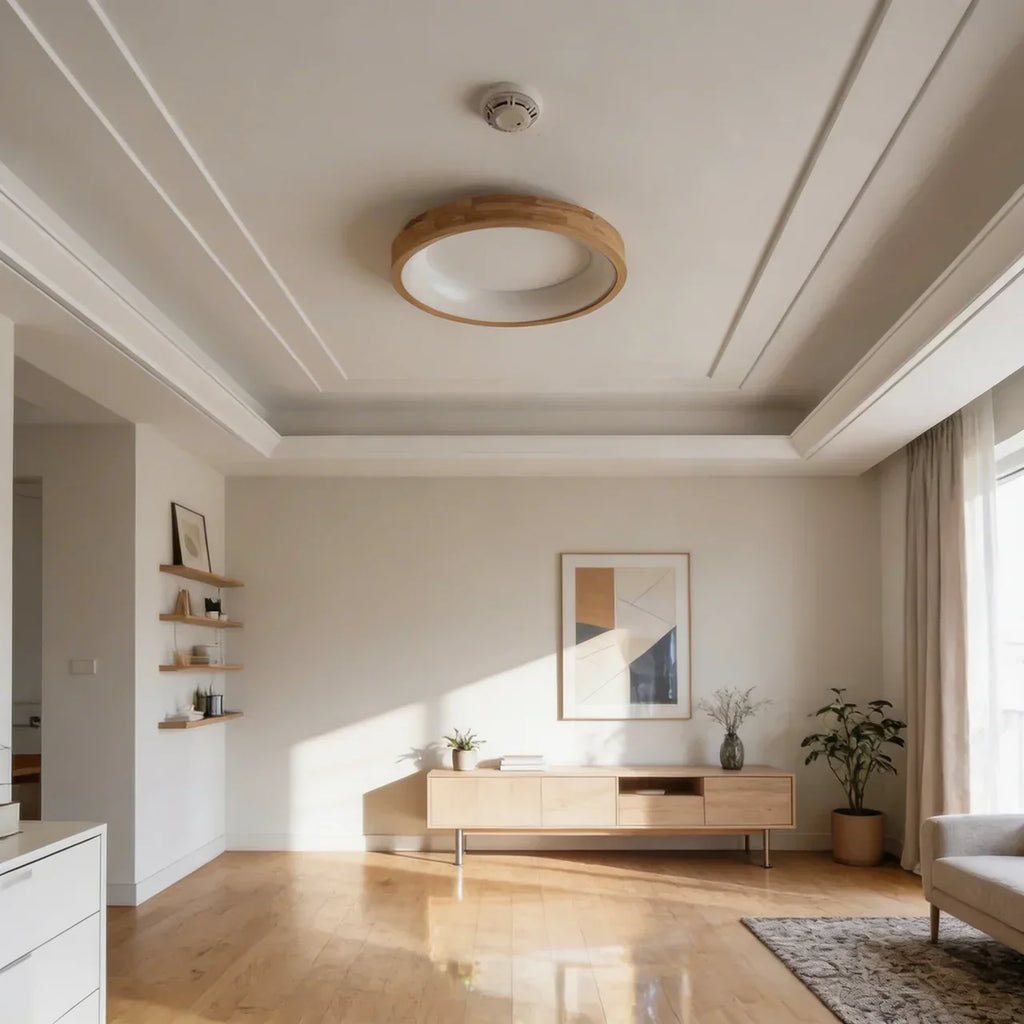 Rund loftlampe med naturligt træ og LED | Rosalyssa