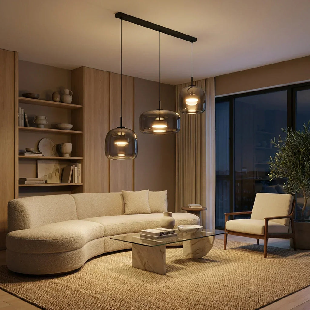 Lampadario a sospensione multiplo con vetro fumé e LED integrati | Rosalyssa