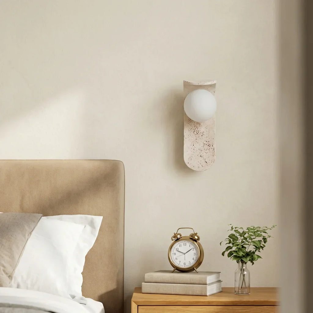Glass Shade Travertine And Wood Wall Light For Interiors | Rosalyssa