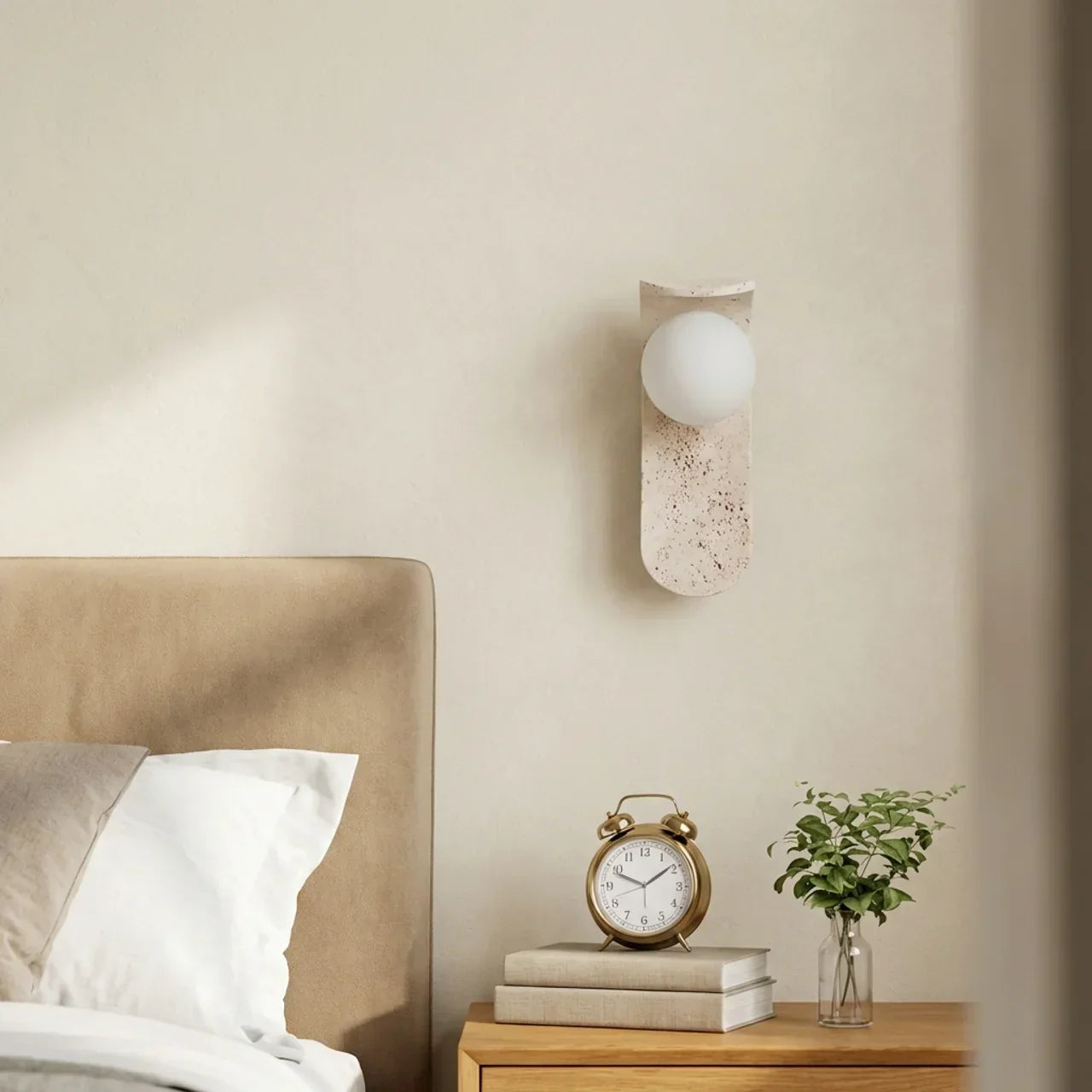 Glass Shade Travertine And Wood Wall Light For Interiors | Rosalyssa