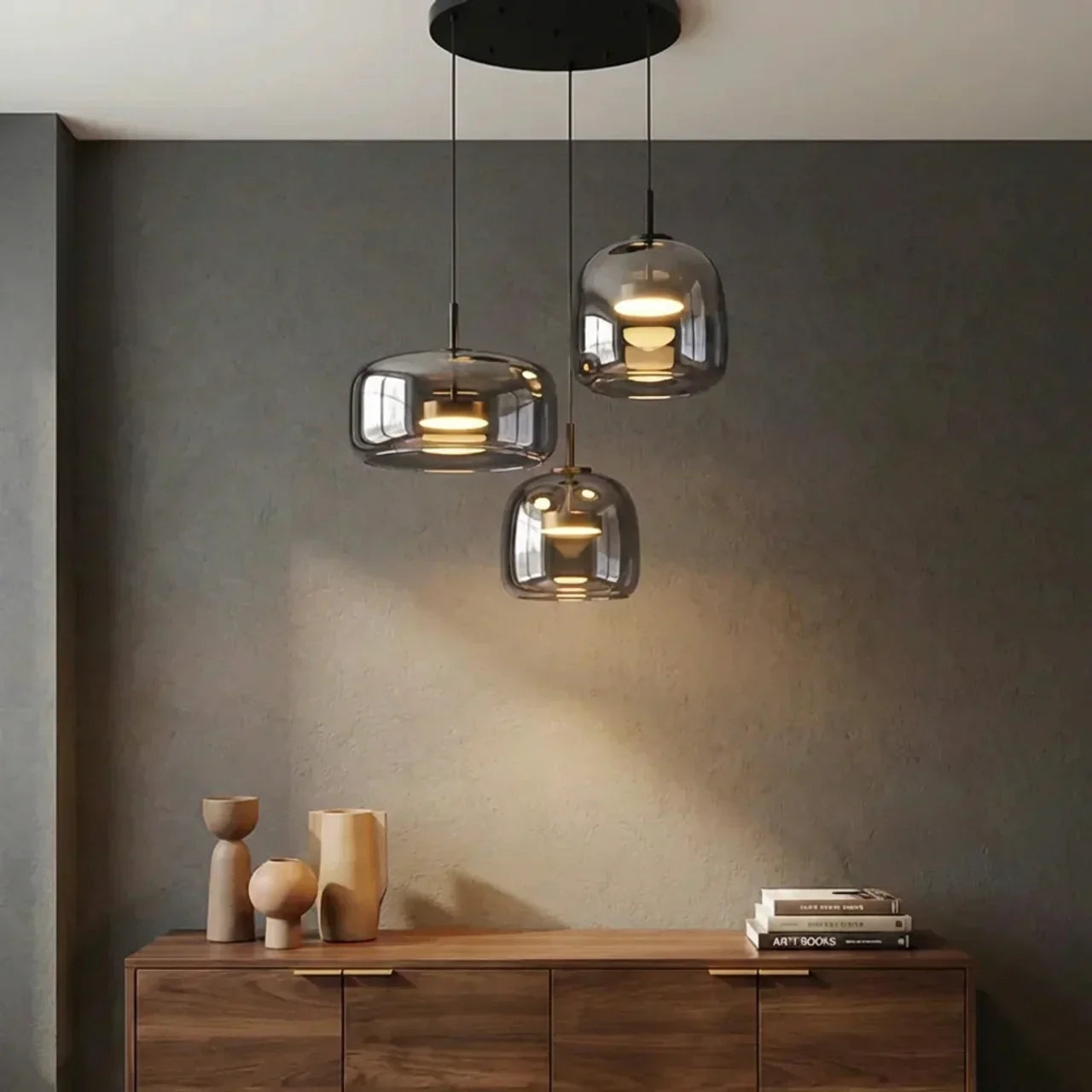 Lampadario a sospensione multiplo con vetro fumé e LED integrati | Rosalyssa