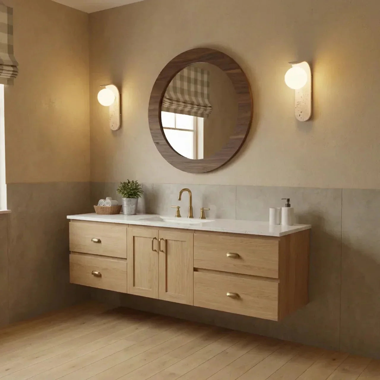Glass Shade Travertine And Wood Wall Light For Interiors | Rosalyssa