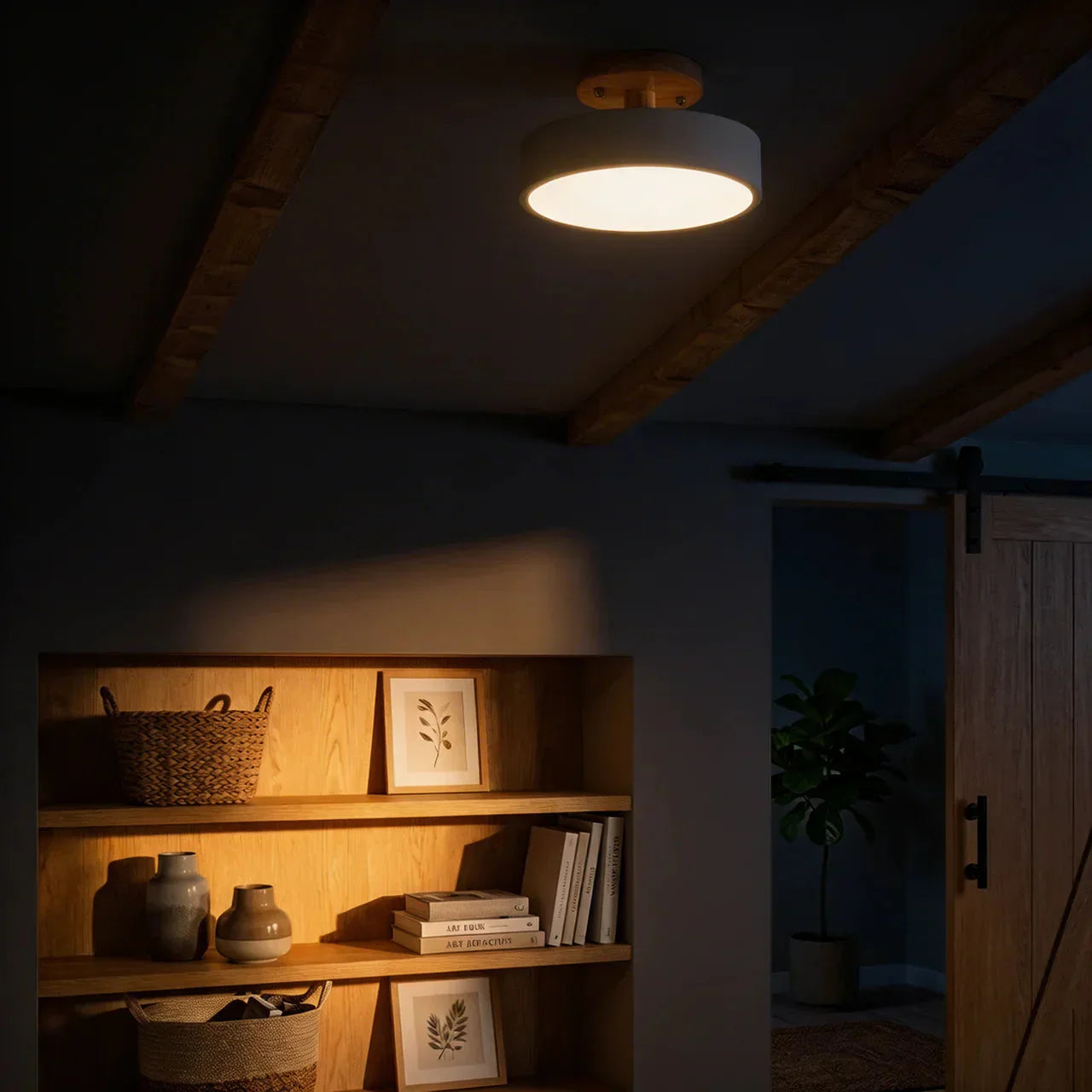Træ Rund LED Design Semi-Flush Loftlampe | Rosalyssa