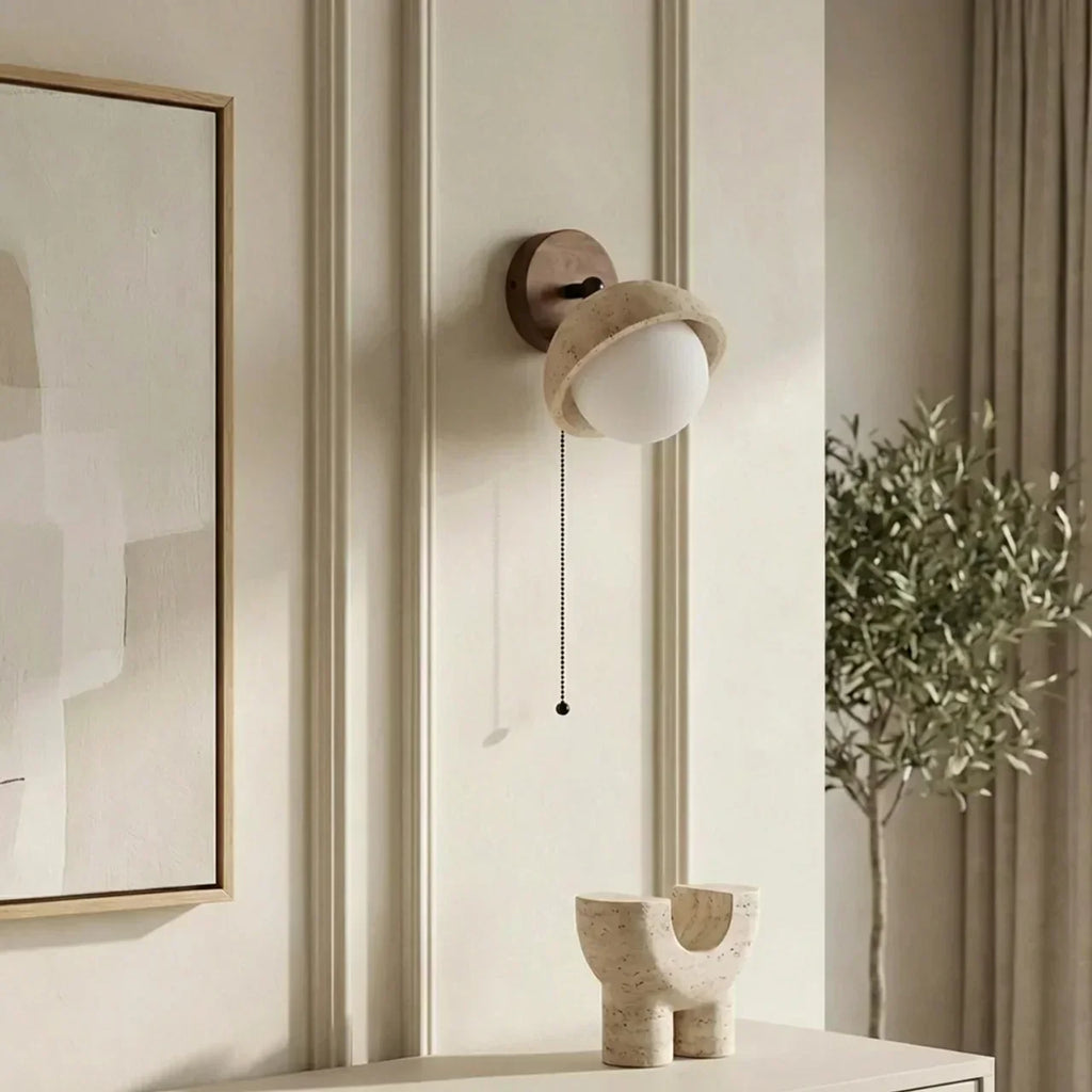 Travertine And Wood Indoor Wall Light Single Wall Mount For Ambient Lighting | Rosalyssa