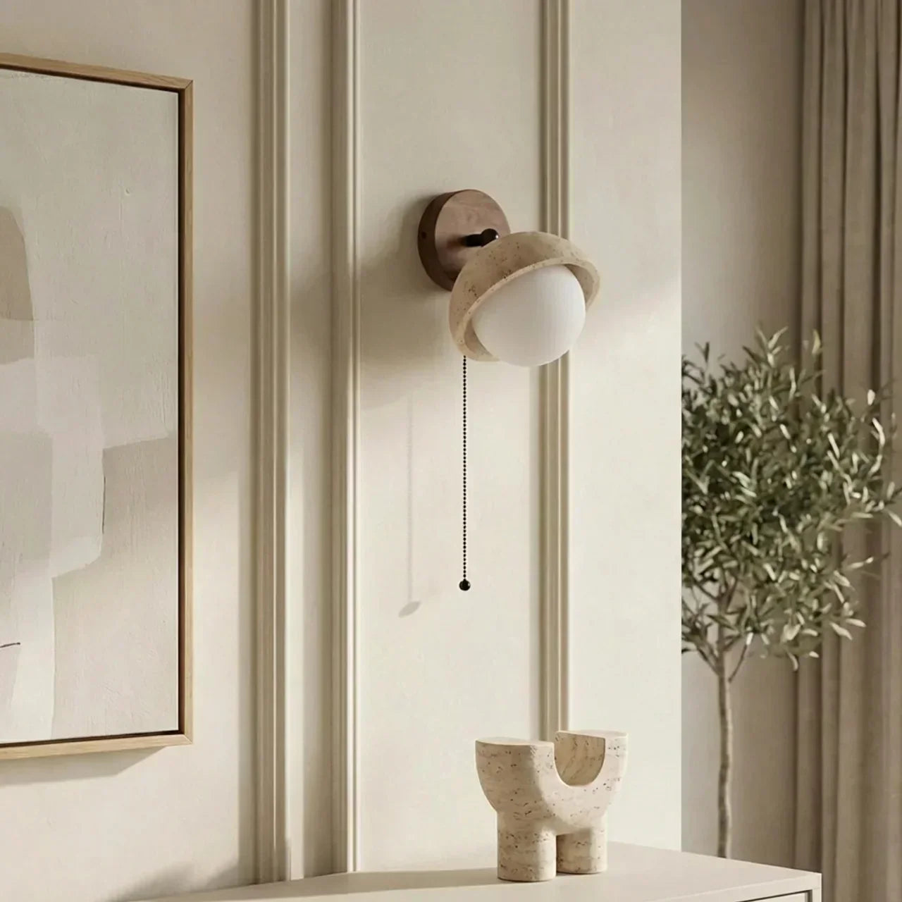 Travertine And Wood Indoor Wall Light Single Wall Mount For Ambient Lighting | Rosalyssa