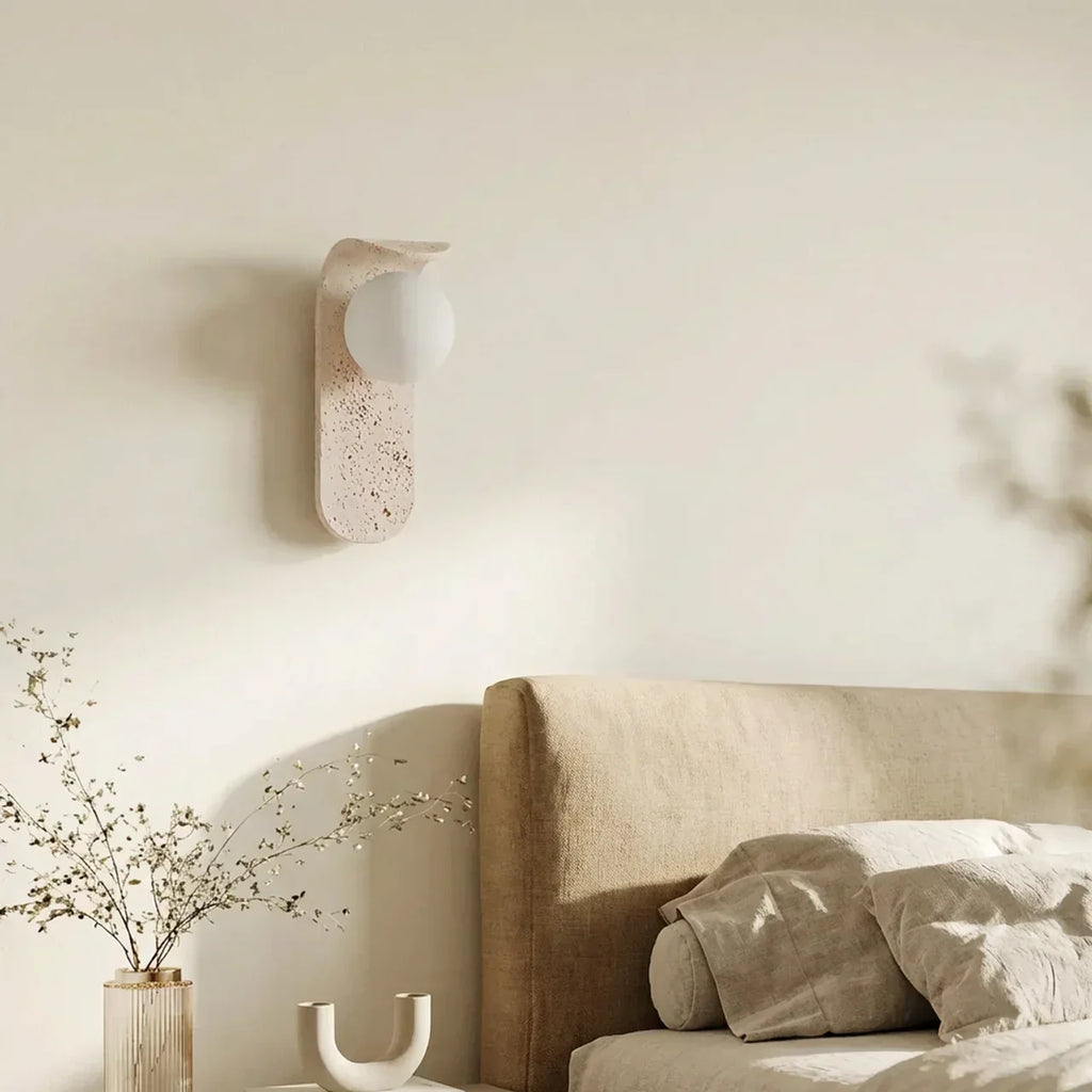 Glass Shade Travertine And Wood Wall Light For Interiors | Rosalyssa