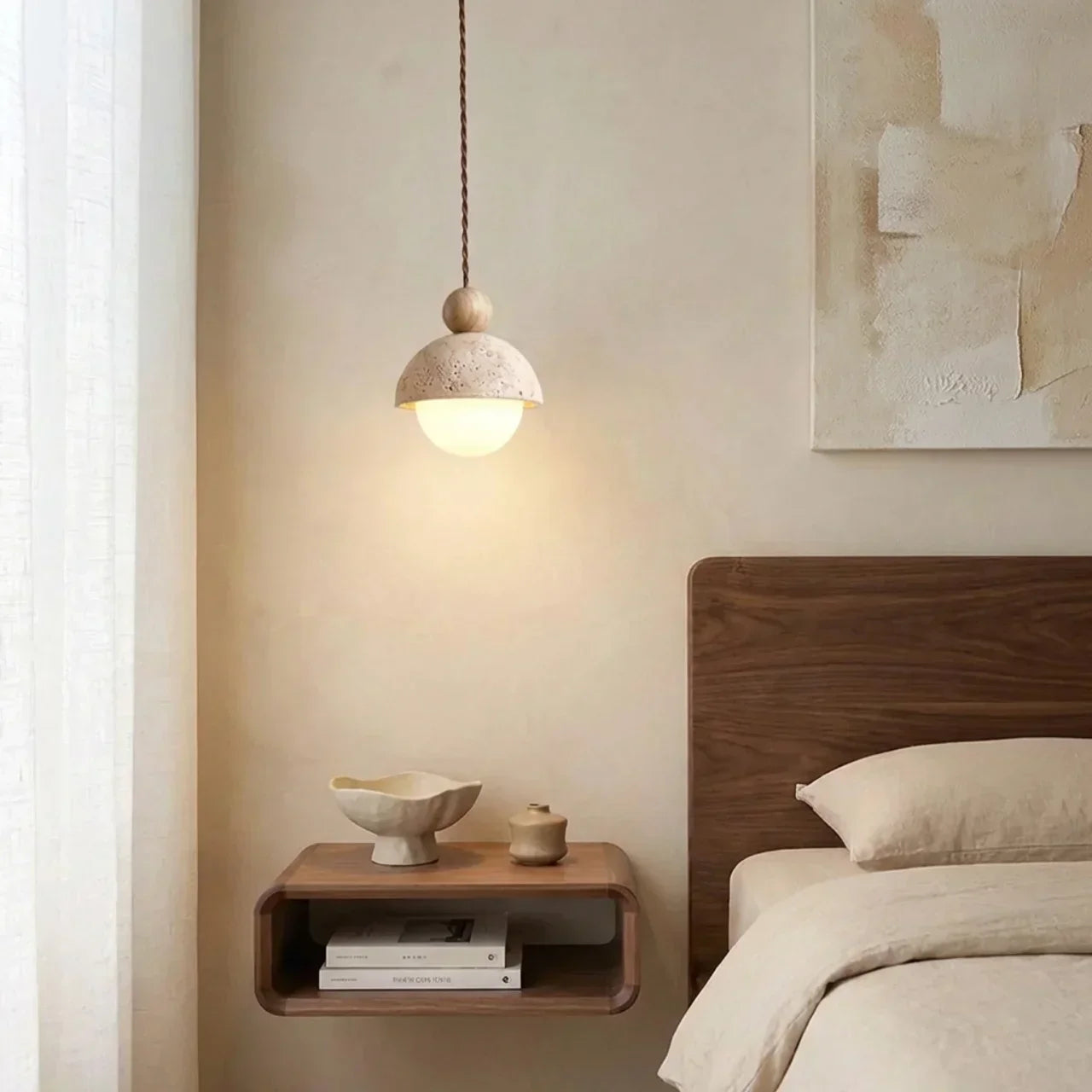 Travertine and Glass Pendant Light With Glass Shade | Rosalyssa