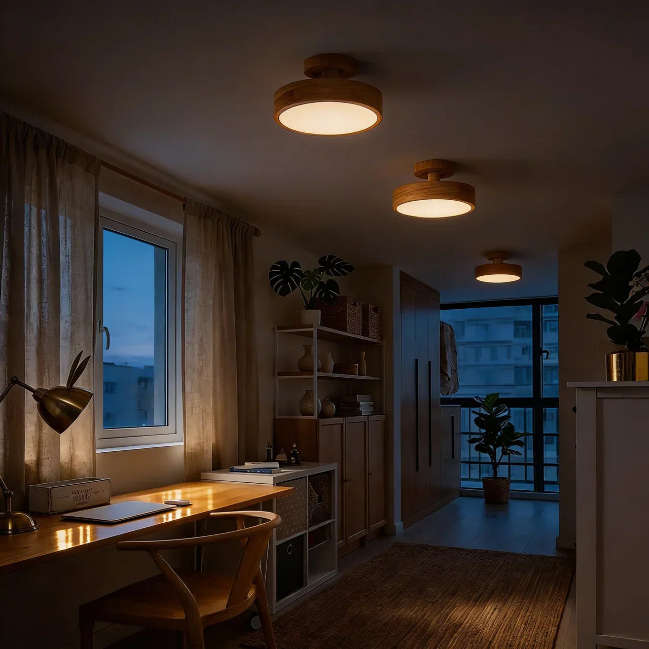 Træ Rund LED Design Semi-Flush Loftlampe | Rosalyssa