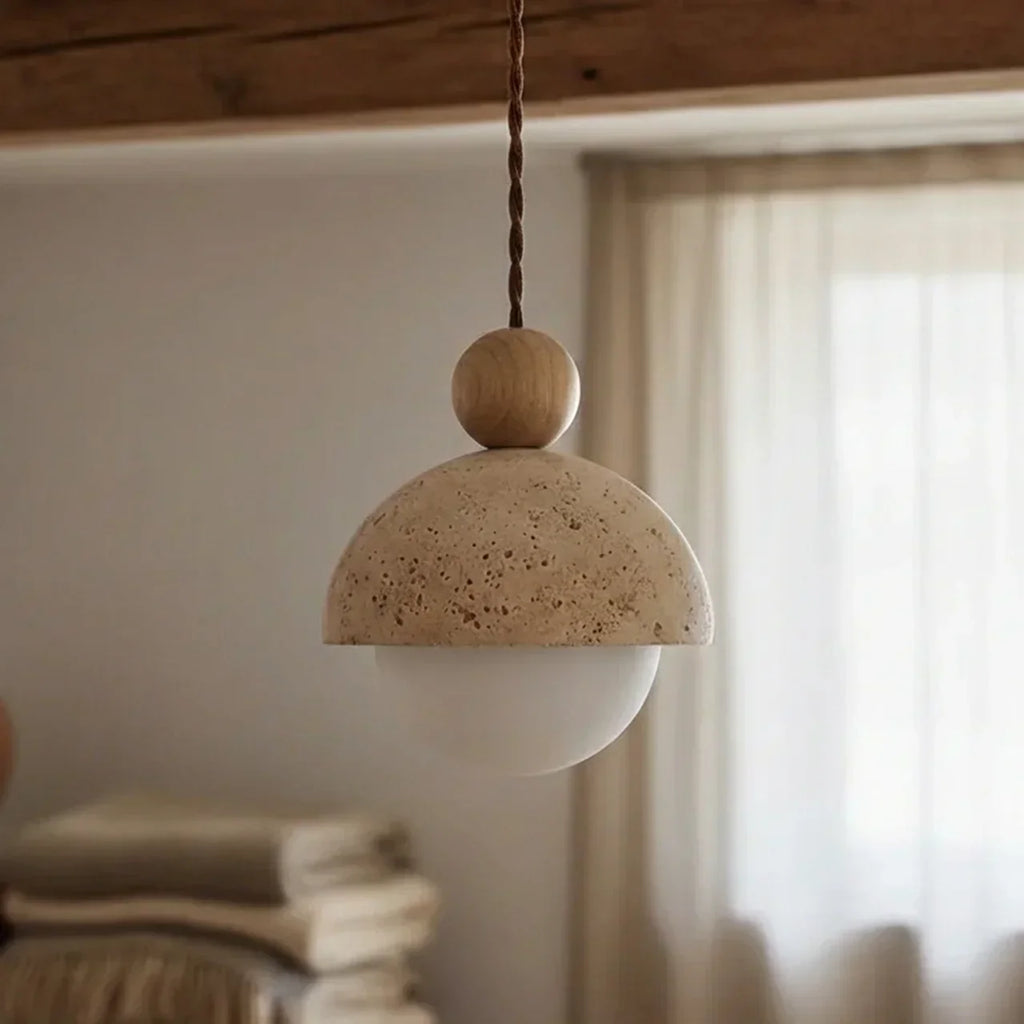 Travertine and Glass Pendant Light With Glass Shade | Rosalyssa