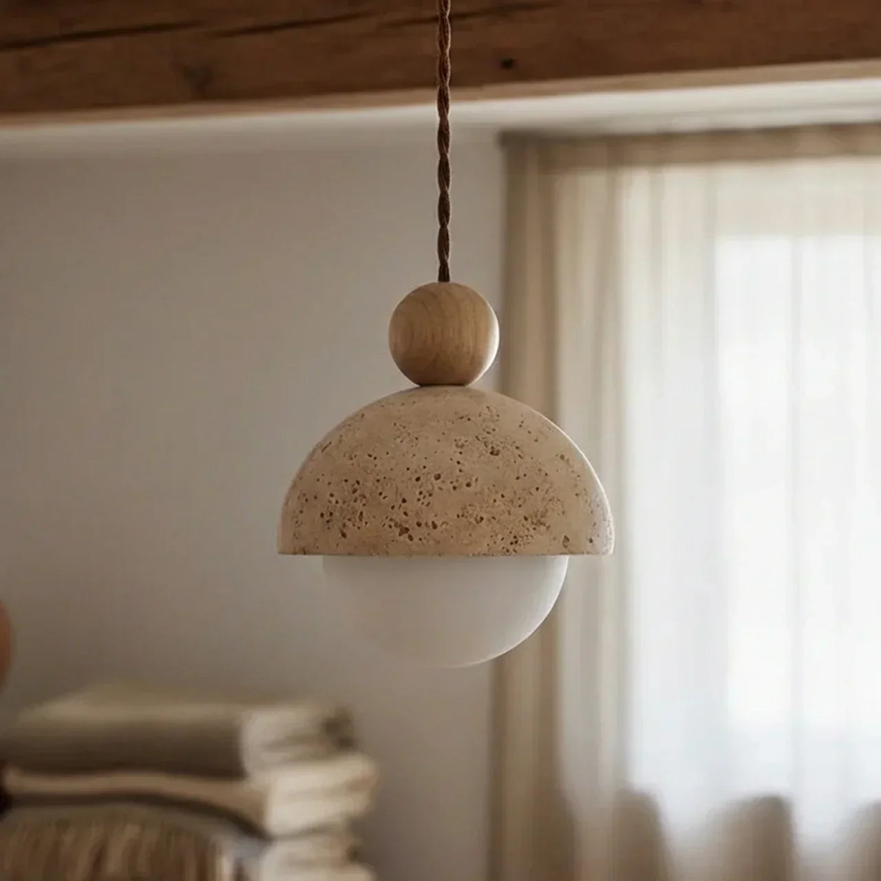 Travertine and Glass Pendant Light With Glass Shade | Rosalyssa