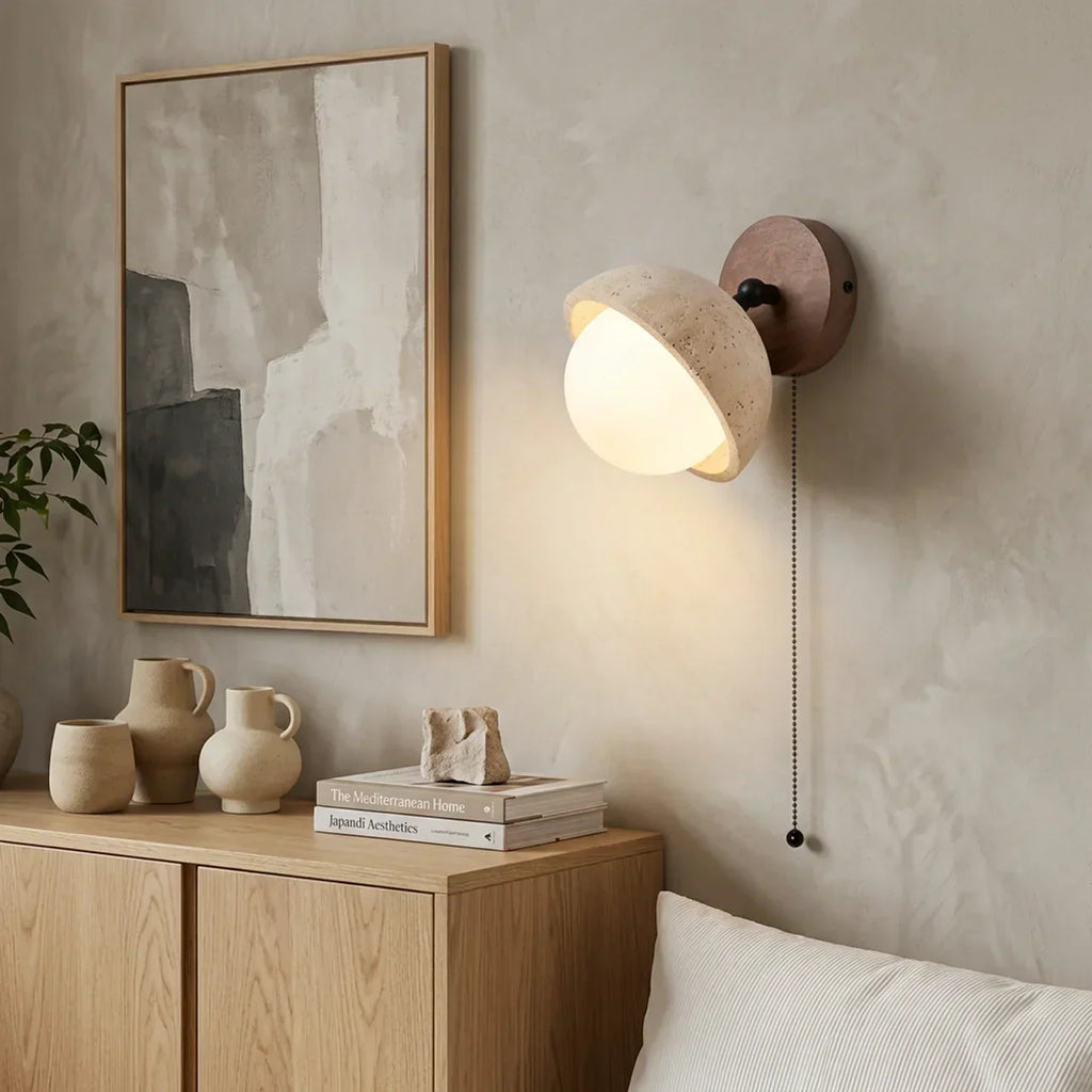 Travertine And Wood Indoor Wall Light Single Wall Mount For Ambient Lighting | Rosalyssa