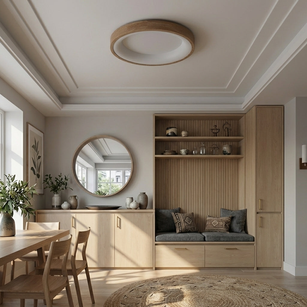 Rund loftlampe med naturligt træ og LED | Rosalyssa