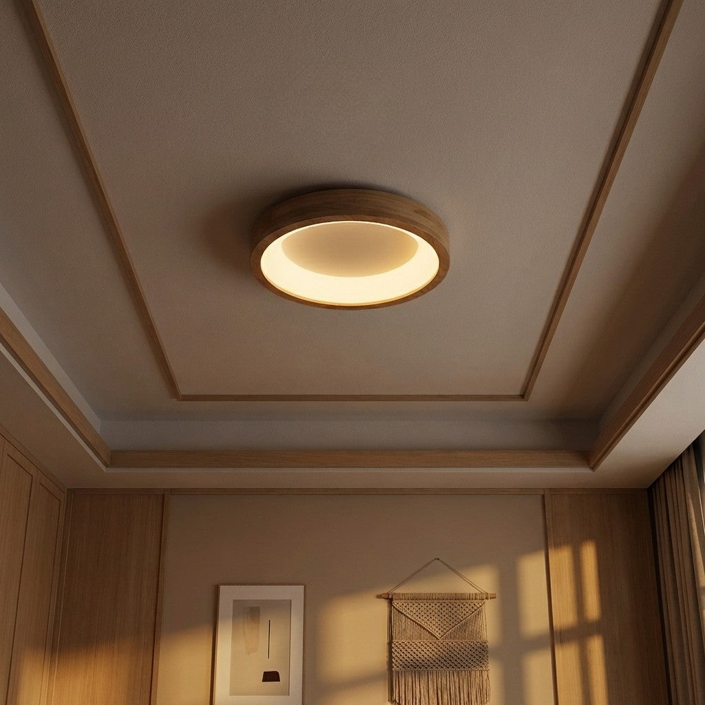 Rund loftlampe med naturligt træ og LED | Rosalyssa