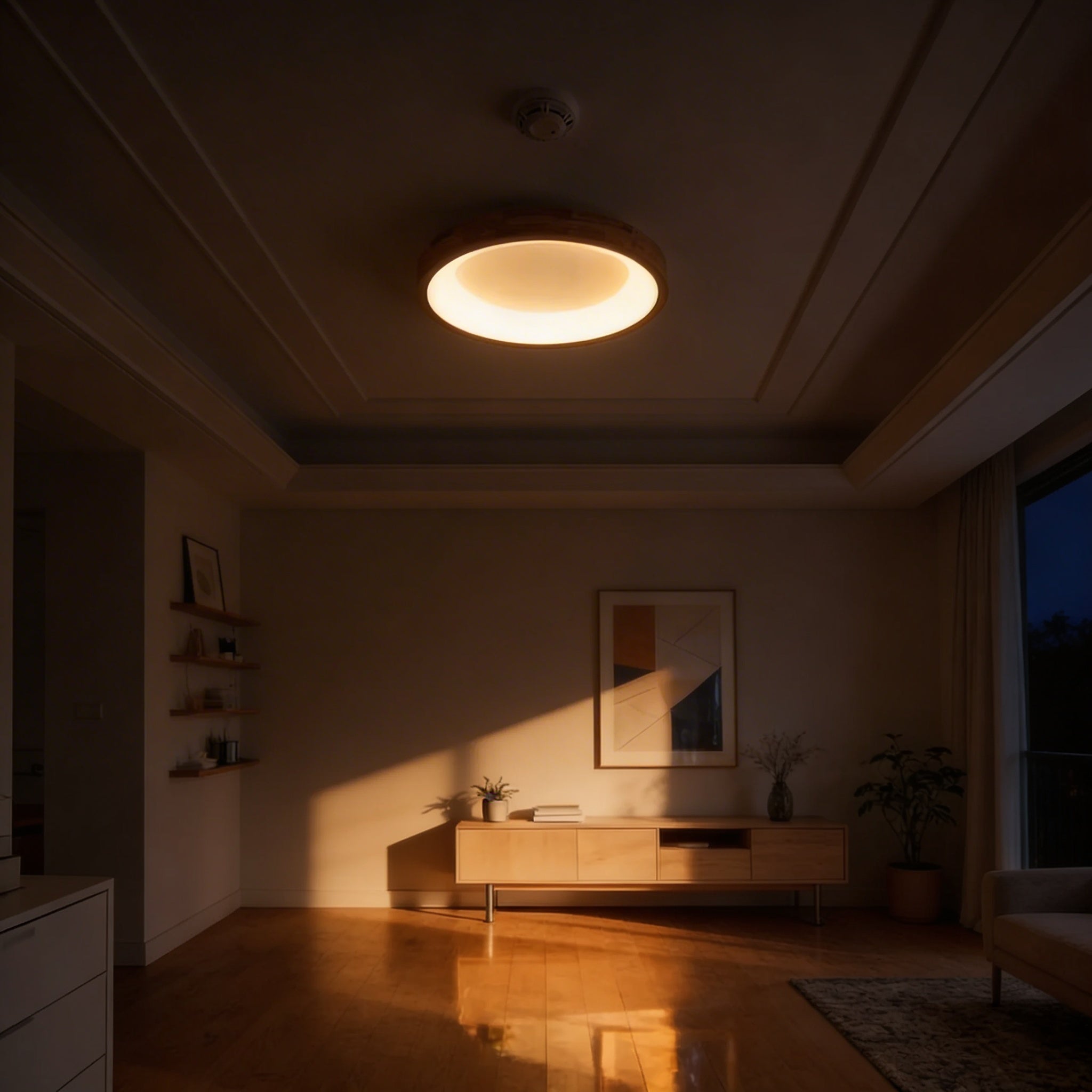 Rund loftlampe med naturligt træ og LED | Rosalyssa