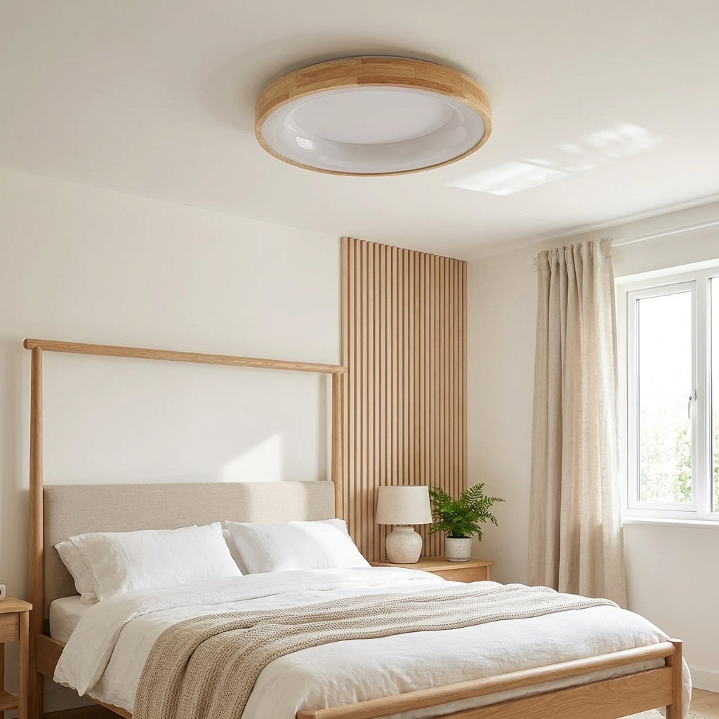 Rund loftlampe med naturligt træ og LED | Rosalyssa