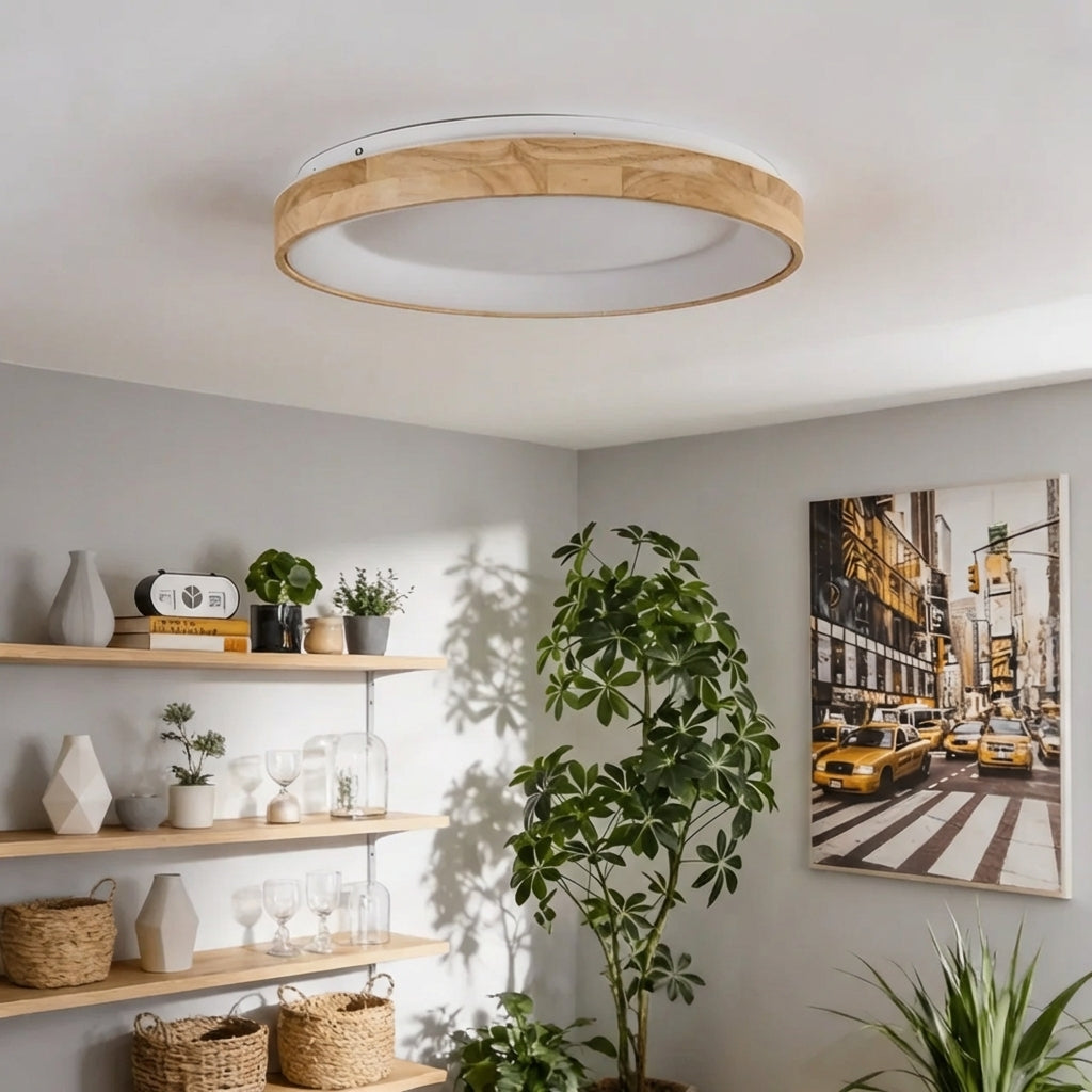 Rund loftlampe med naturligt træ og LED | Rosalyssa