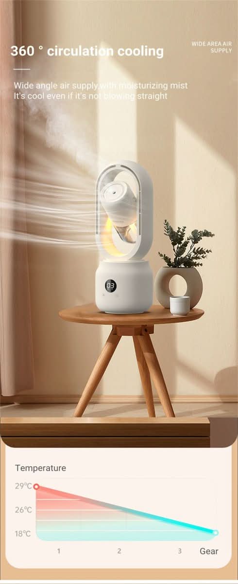 BreezeMist Draagbare Bladloze Ventilator Met Luchtbevochtiger En Nachtlampje