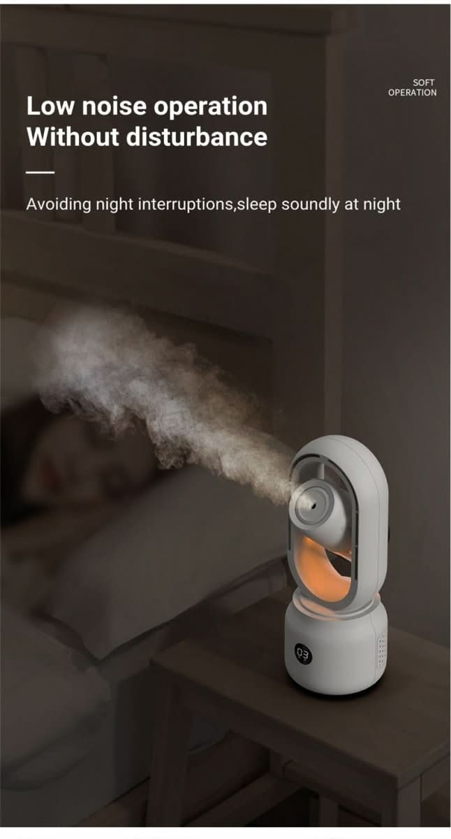 BreezeMist Draagbare Bladloze Ventilator Met Luchtbevochtiger En Nachtlampje