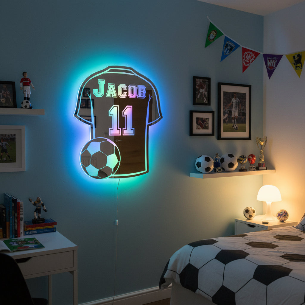 LED Illuminated Mirror With Custom Name And Soccer Jersey Design