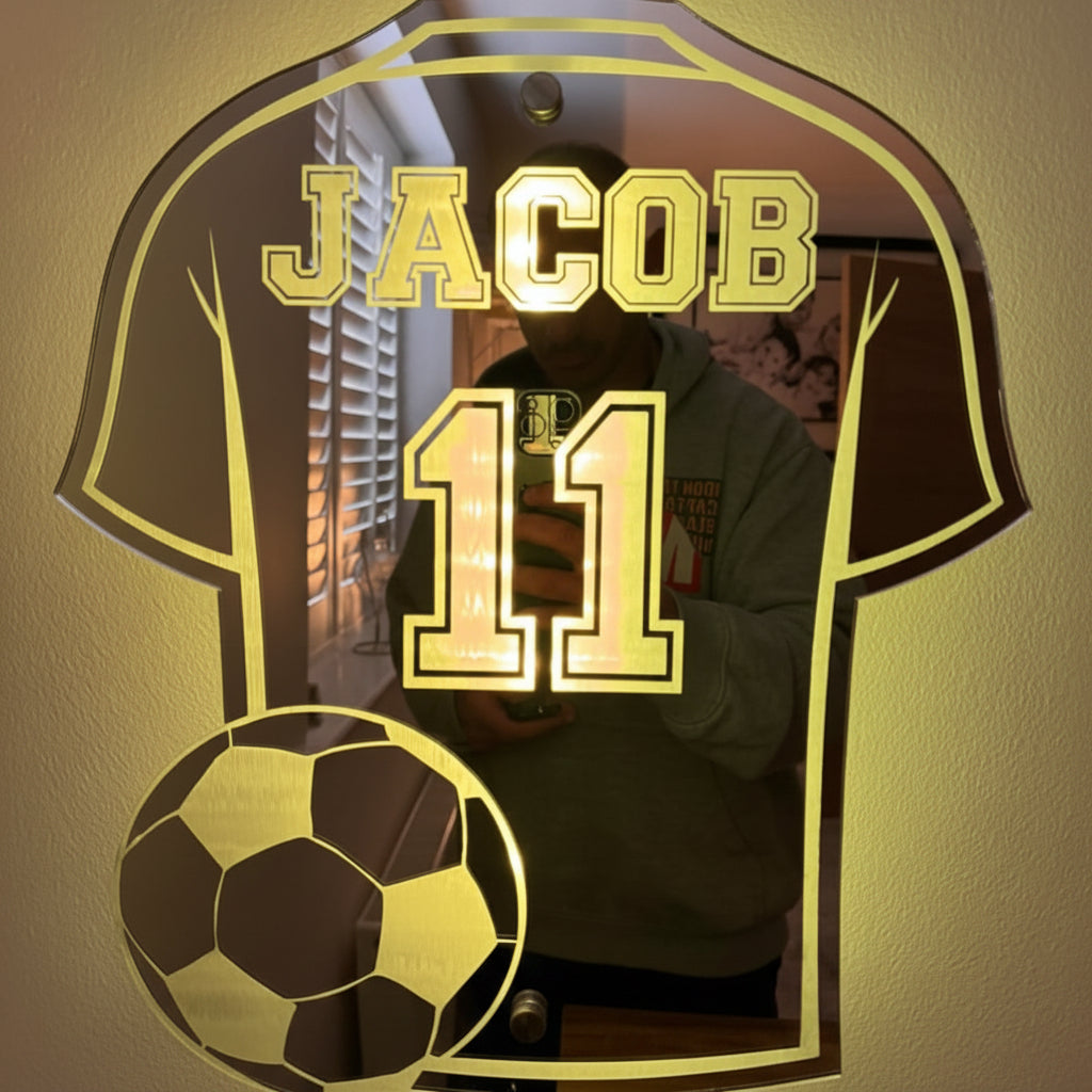 LED Illuminated Mirror With Custom Name And Soccer Jersey Design