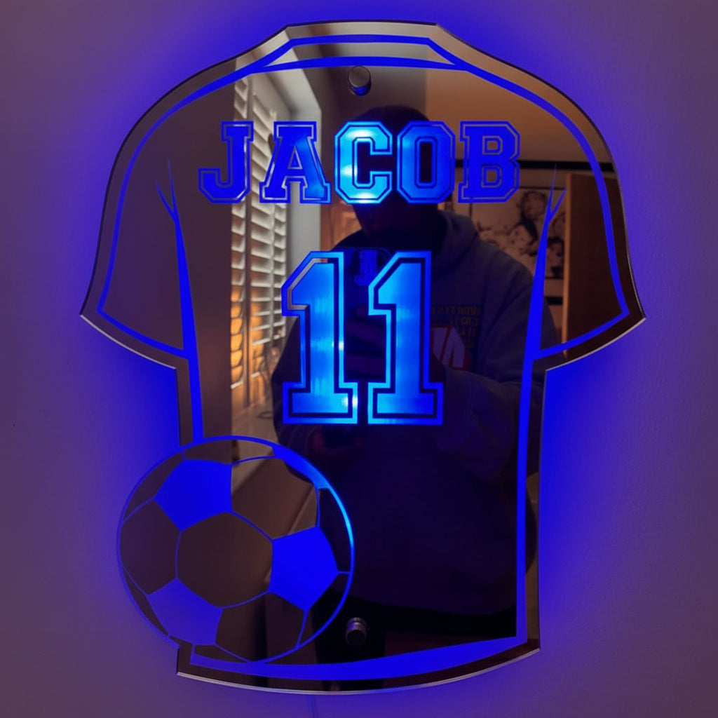 LED Illuminated Mirror With Custom Name And Soccer Jersey Design