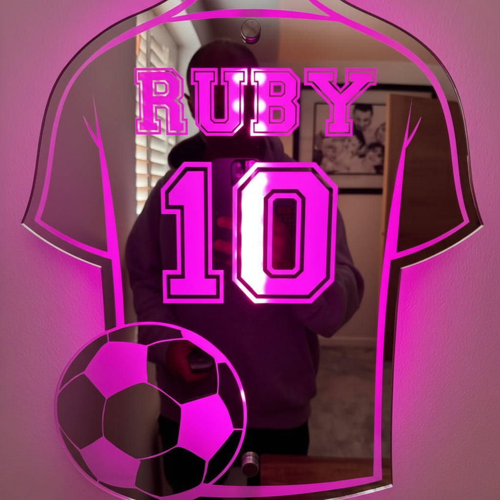 LED Illuminated Mirror With Custom Name And Soccer Jersey Design