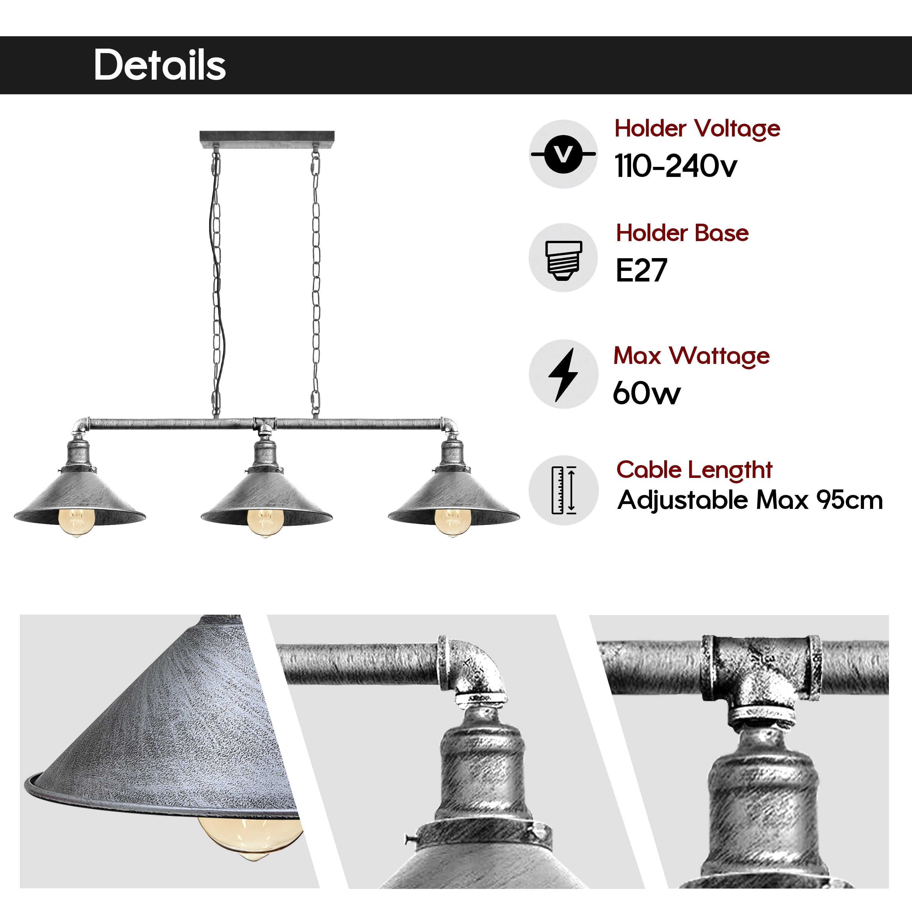 Industrial Black Metal Ceiling Lamp, 3-E27 Vintage Style For Dining Room And Kitchen